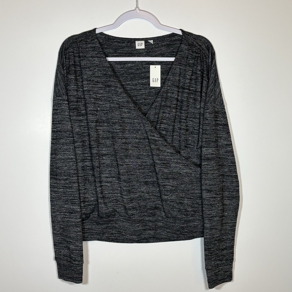 Gap Black Soft Spun Crossover Long Sleeve Tee Size Large Faux Wrap NWT‎